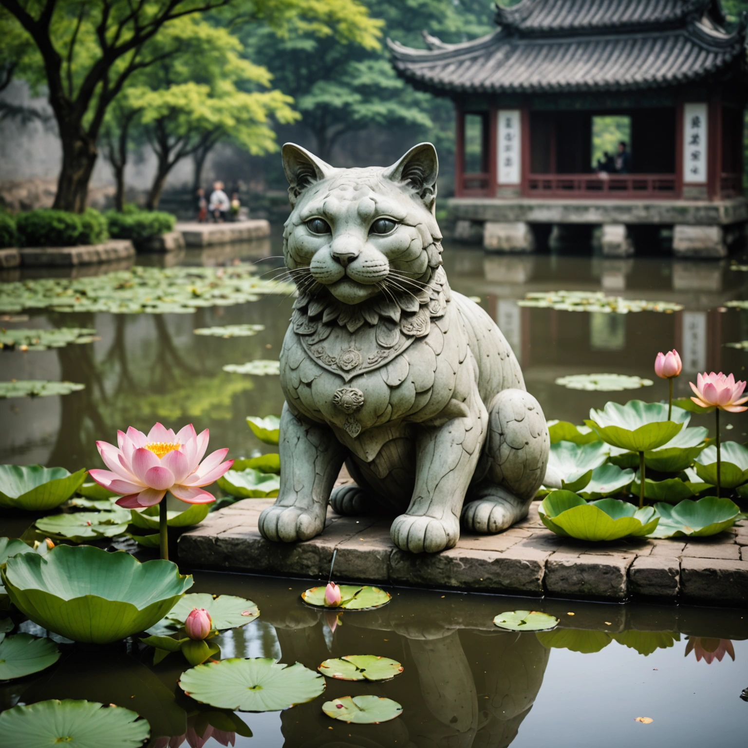 Cat's Teddy Bear Exercises by Lotus Pond Amuse Stone Lion in Medieval Hangzhou