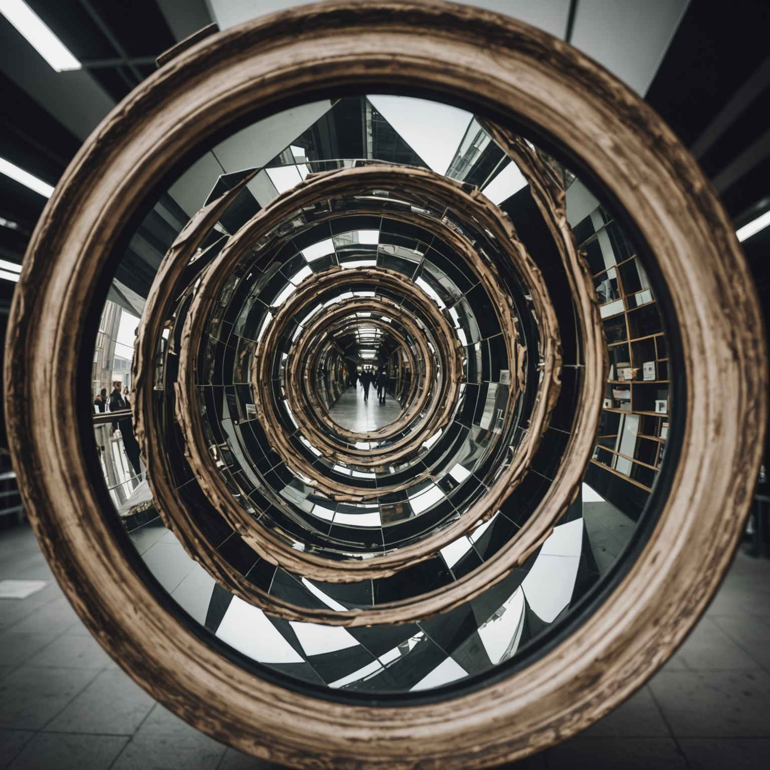 A distorted mirror reflects a warped image, presenting a twisted and fragmented view of reality.