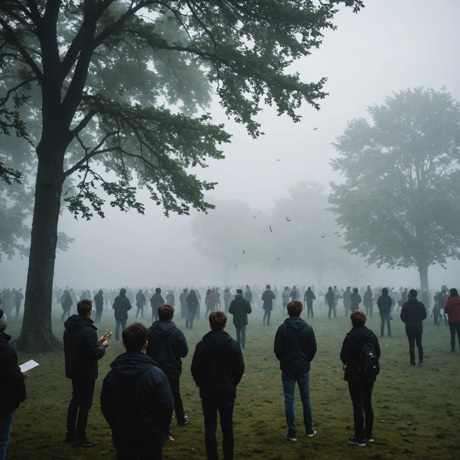 A concert played in the mist. The music floats through the air, carrying the notes on the wind. 